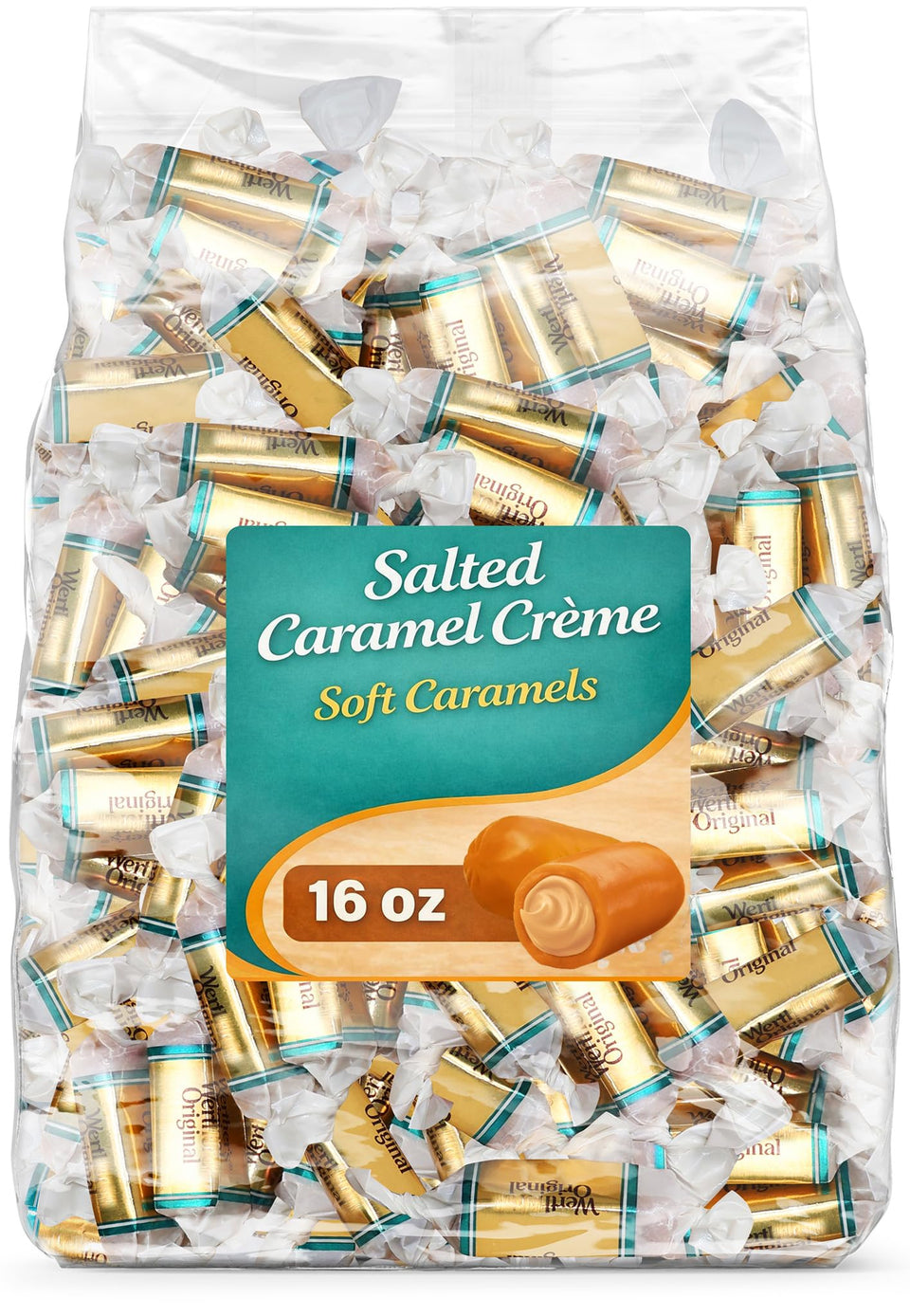 GEEOOLLAH salted caramel candy closeup showing creamy center and sea salt finish, ideal snack.