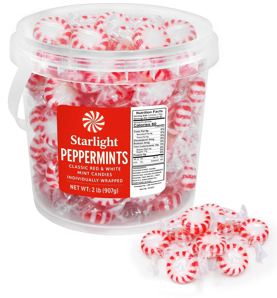 GEEOOLLAH Starlight Peppermint Candy bucket with festive red and white swirls for party bowls.