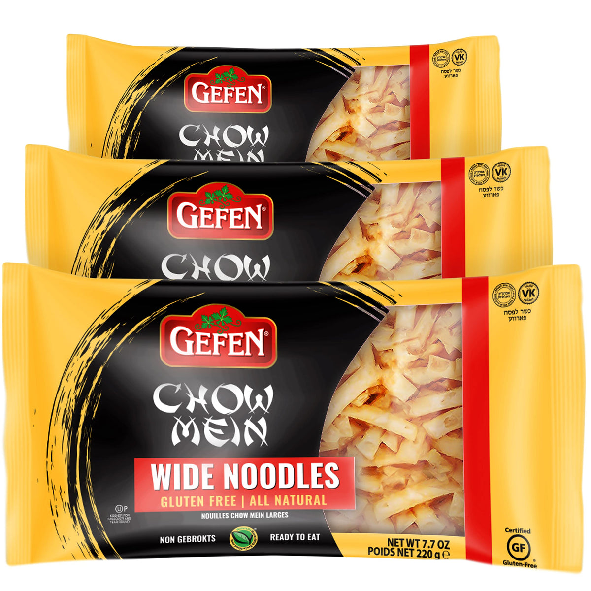 Gefen gluten-free wide chow mein noodles, ready-to-eat with crisp, airy bite.