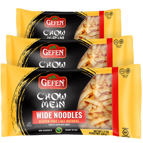 Gefen gluten-free wide chow mein noodles, ready-to-eat with crisp, airy bite.