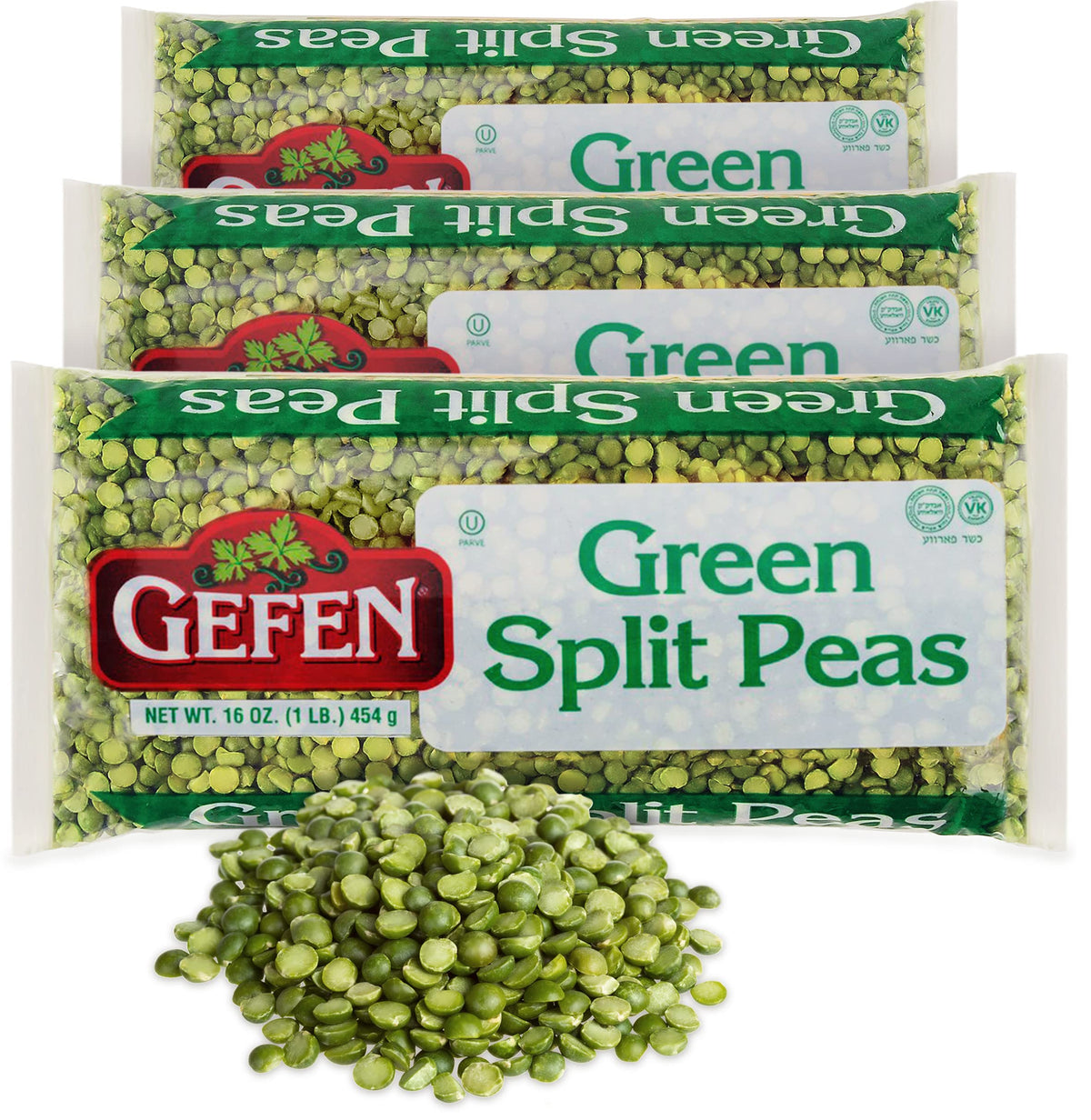 Gefen green split peas 3-pack in a pantry-ready bag, ideal for hearty soups