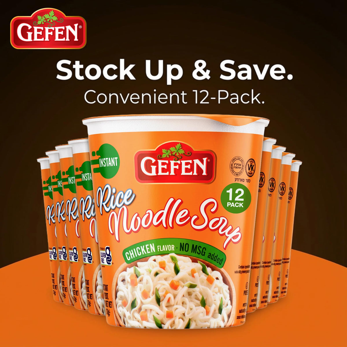 Gefen 12-pack soup cups offering convenient pantry storage.