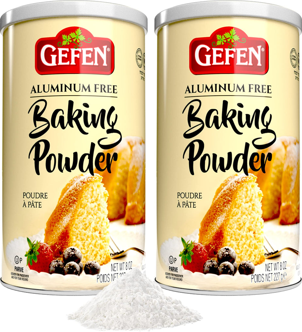 Gefen aluminum-free baking powder in an 8oz canister for reliable leavening in baking.