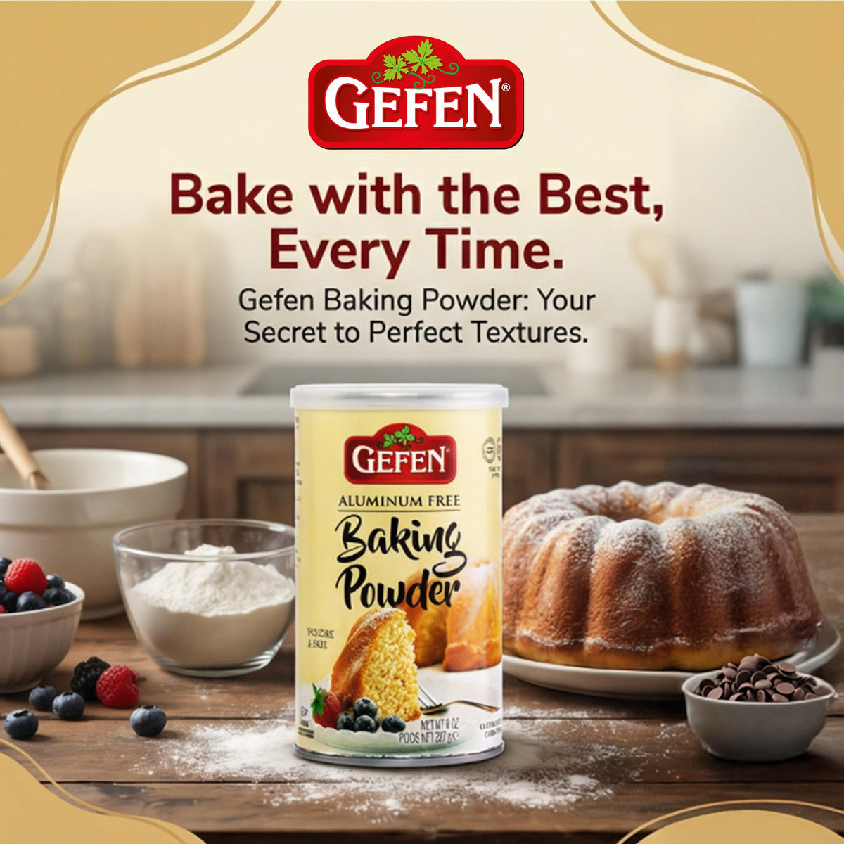 Gefen baking powder label highlights gluten-free and corn-starch-free formula.