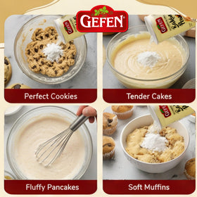 Re-sealable Gefen baking powder canister ensuring freshness between uses.