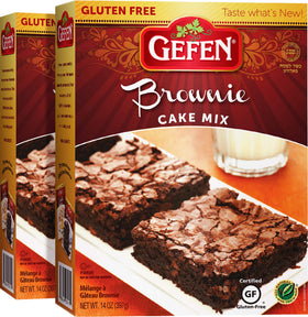Gefen brownie fudge cake mix 2-pack packshot shows grain-free convenience for quick treats.