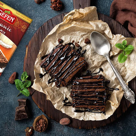 Gefen brownie fudge cake mix mixing bowl scene for easy, fast prep.
