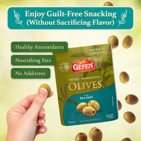 Close-up of Gefen cayenne thyme olives in pouch, quick snack option.