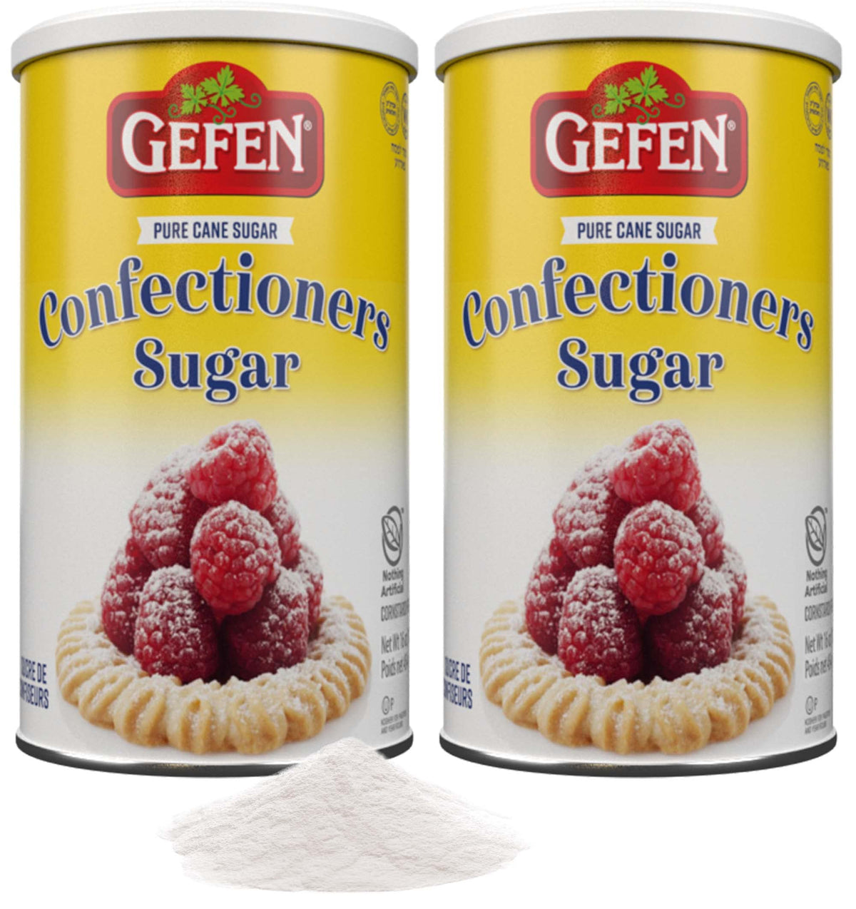 Gefen confectioners sugar in a resealable container for smooth, lump-free baking.