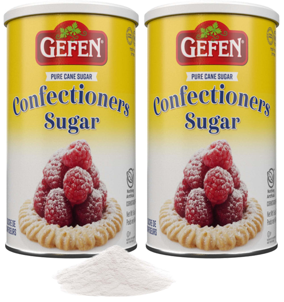 Gefen confectioners sugar in a resealable container for smooth, lump-free baking.