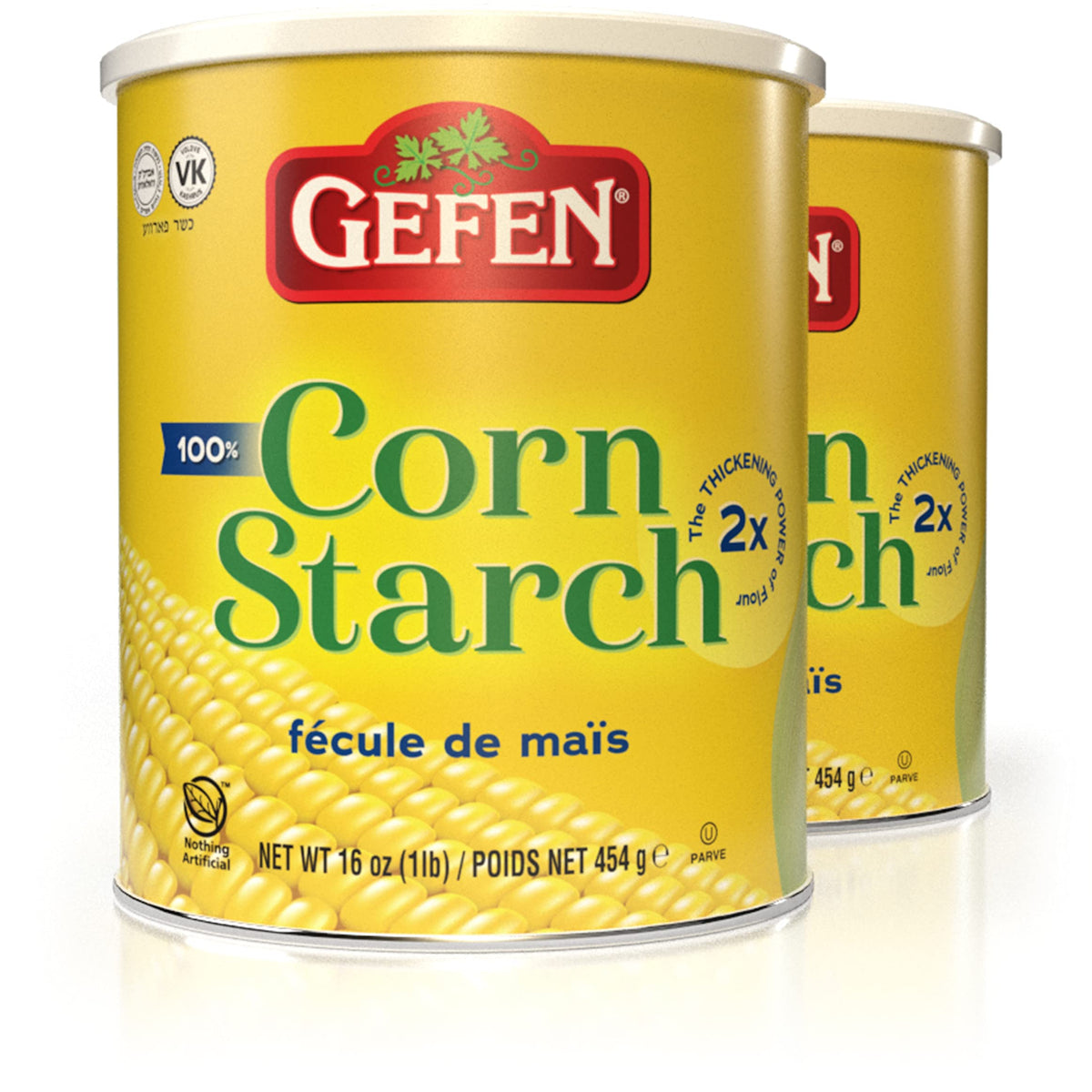 Gefen corn starch 16oz resealable canister ready for gluten-free thickening and cooking prep.