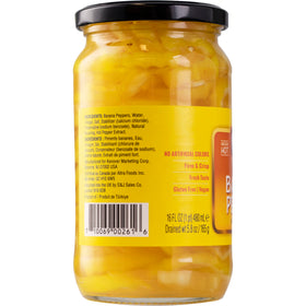 Gefen deli banana pepper rings close-up, bright yellow slices perfect for toppings