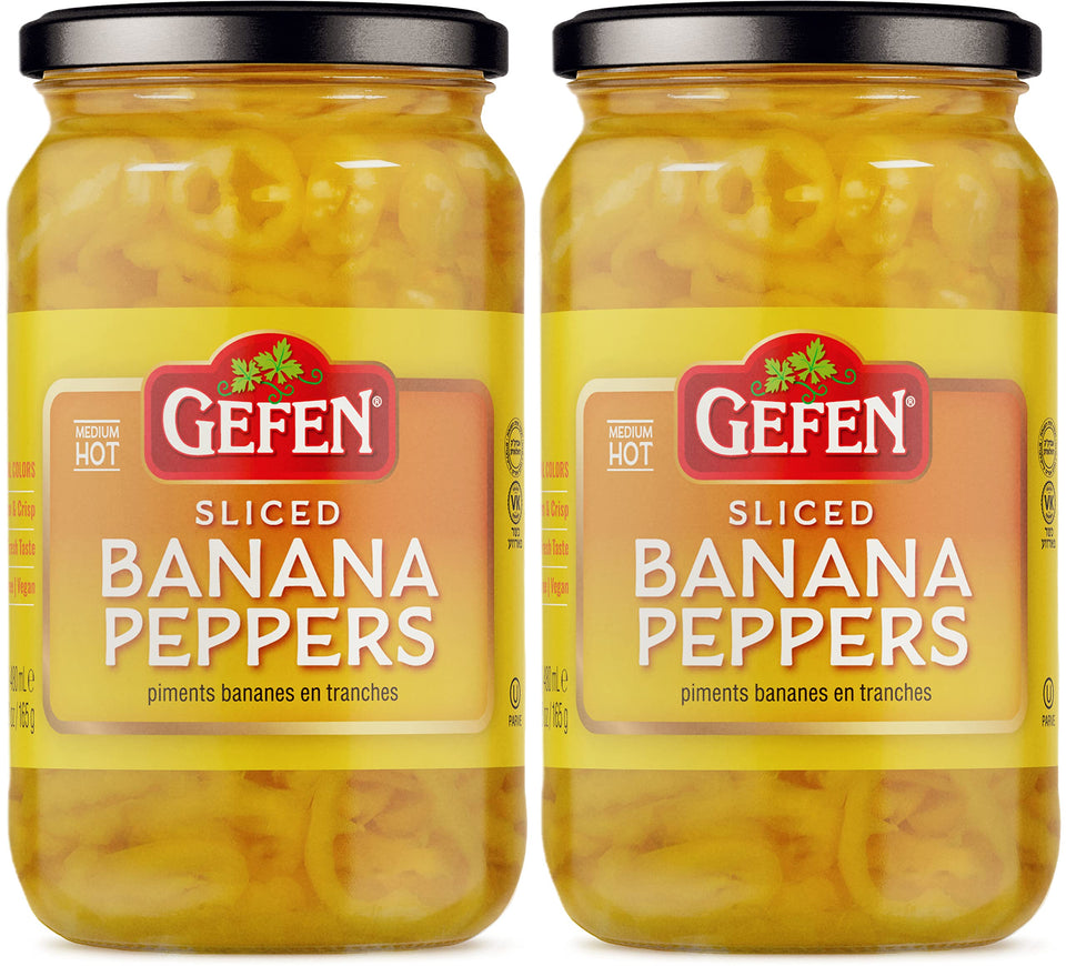Gefen deli sliced banana pepper rings in a jar, ideal for sandwiches and salads