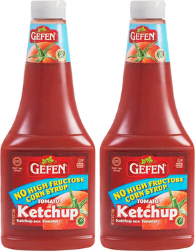 Gefen fat-free tomato ketchup bottle poured on burgers