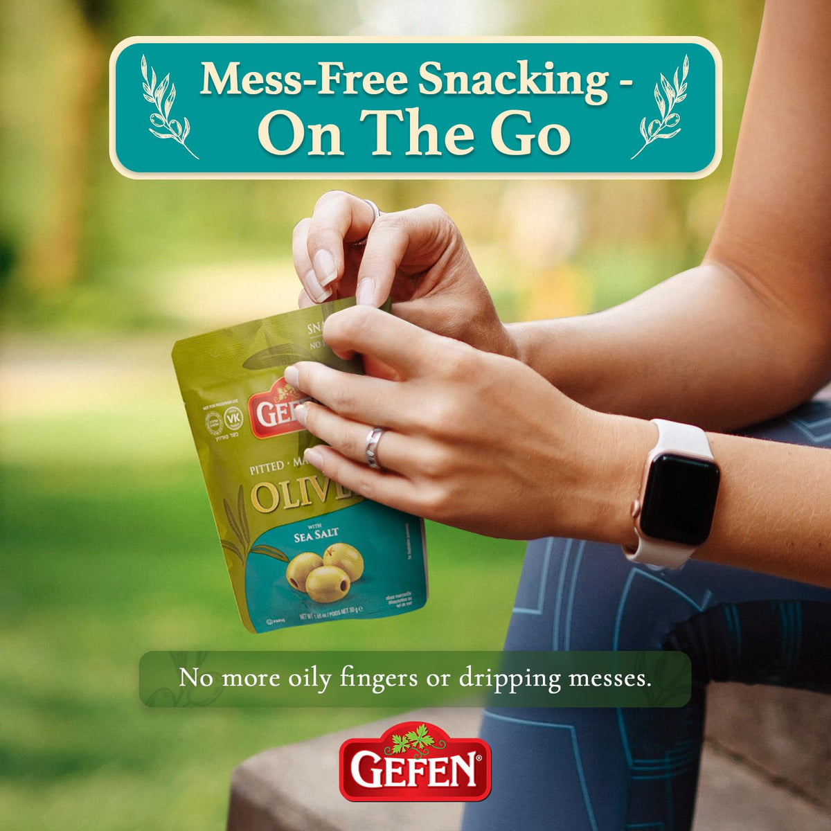 Close-up of Gefen garlic thyme olives, convenient ready-to-eat packaging.