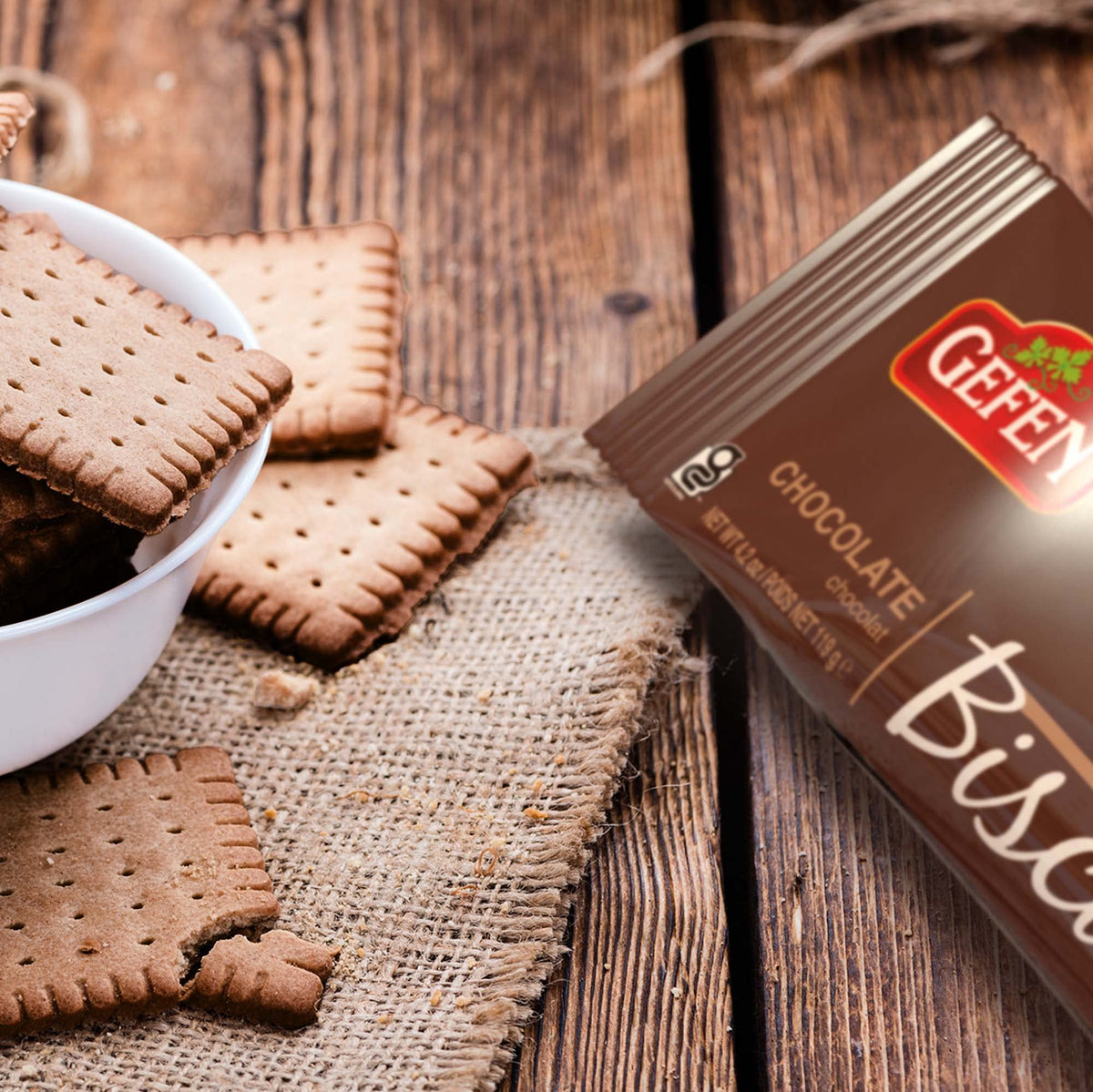 Gefen gluten-free chocolate tea biscuits tea-time serving, perfect with a hot beverage.