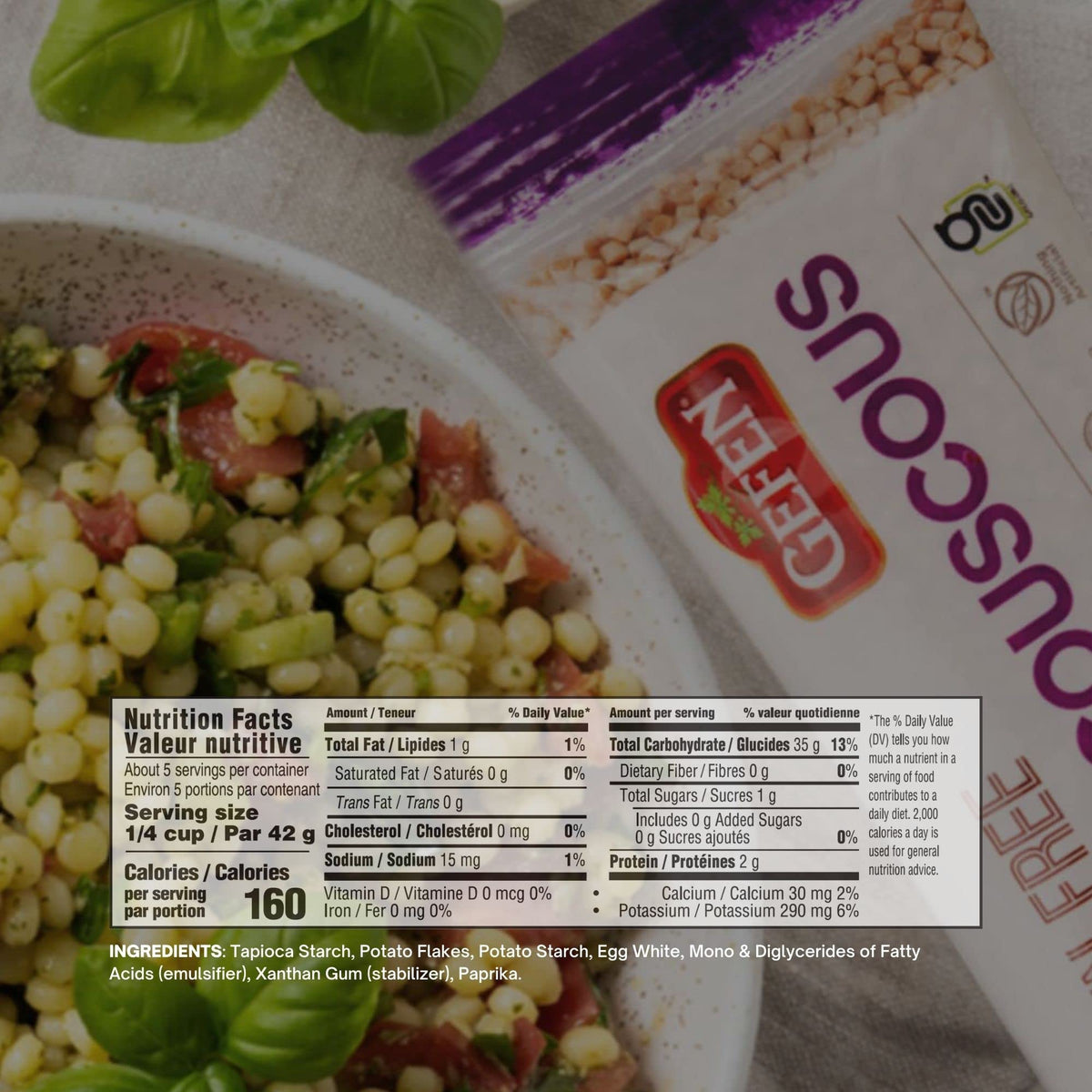 Gefen pearl couscous plated with herbs, ideal Mediterranean side.