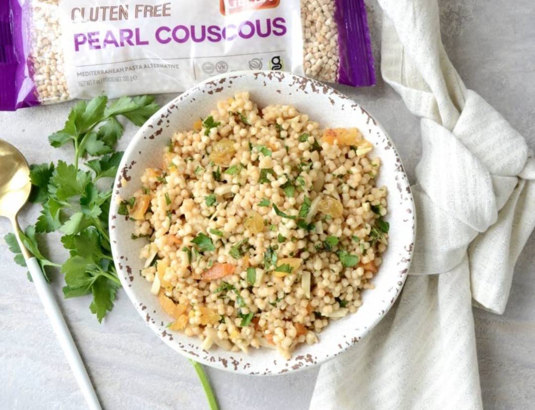 Gefen gluten-free Israeli pearl couscous 7oz 3-pack serving suggestion with protein.