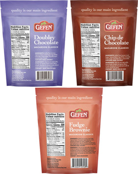 Gefen gluten free macaroons, chocolate chip and fudge brownie variety in a snack-ready pack.