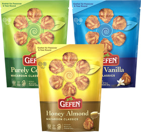 Gefen gluten-free macaroons 3-pack variety featuring coconut, honey almond, and vanilla for convenient snacking.