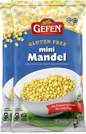 Gefen Gluten Free Mini Mandel Croutons pack shot, gluten free crunch for soups and salads.