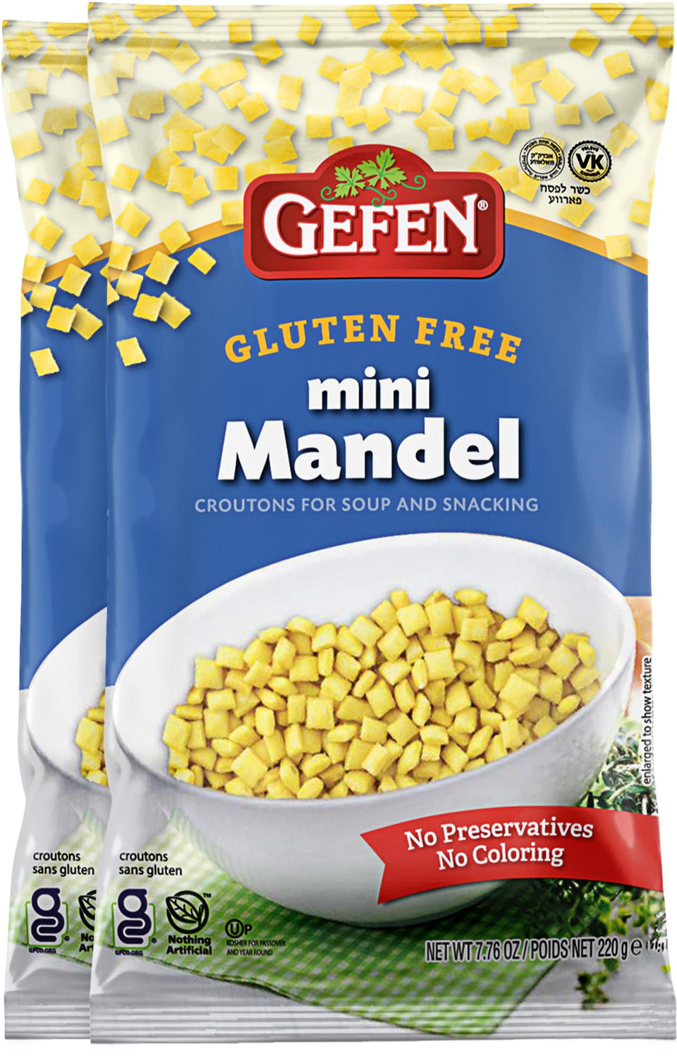 Gefen Gluten Free Mini Mandel Croutons pack shot, gluten free crunch for soups and salads.