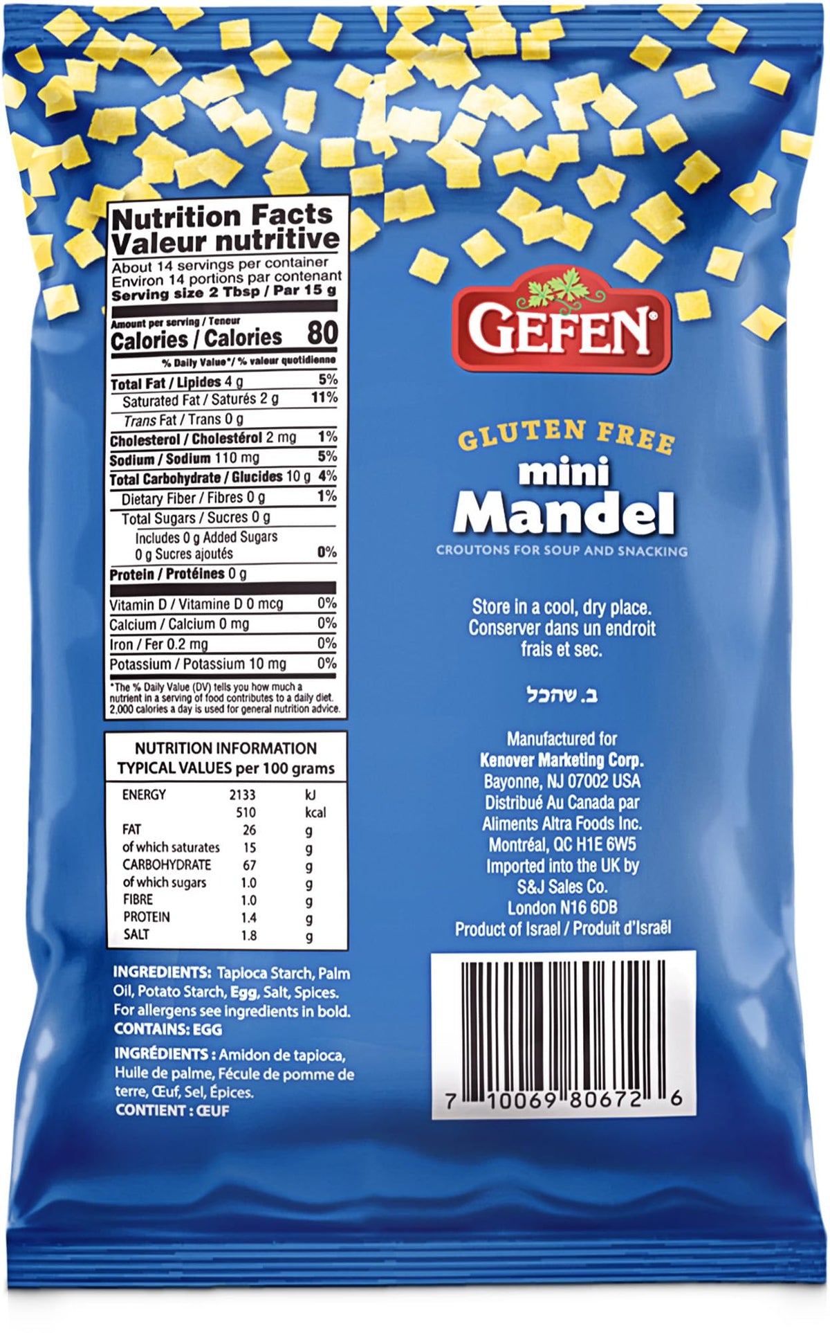 Gefen Gluten Free Mini Mandel Croutons close view, perfect snack with natural ingredients and crunch.
