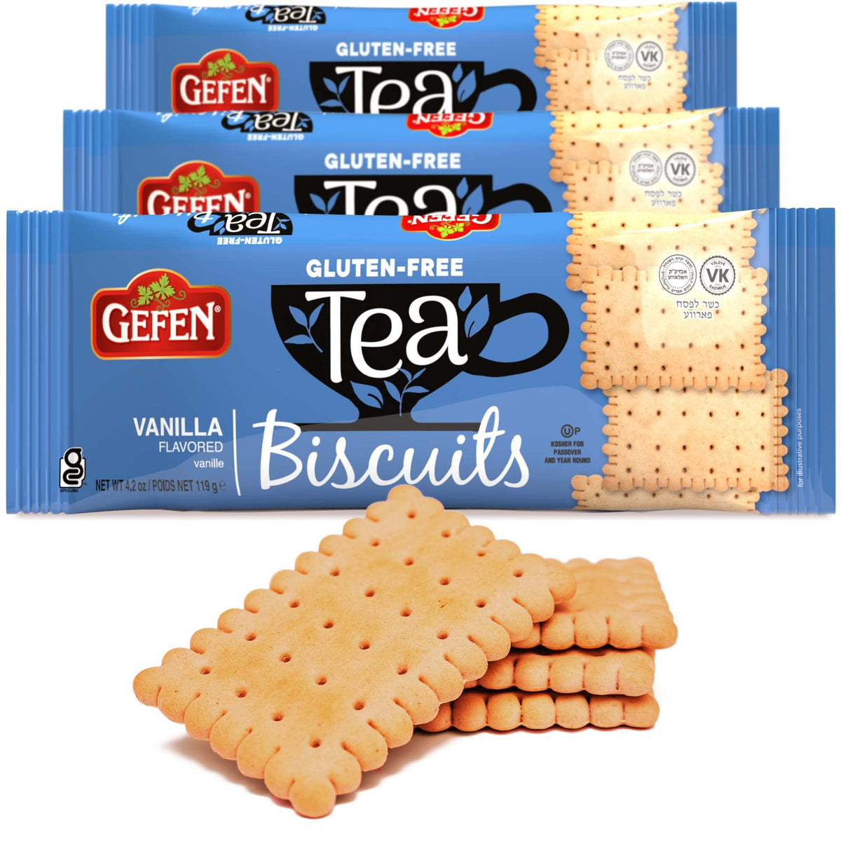Gefen gluten-free vanilla tea biscuits 3-pack box front, ideal Passover snack.