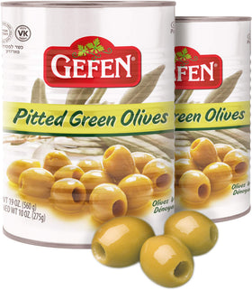 Gefen green olives pitted jar front view for salads and snacks.