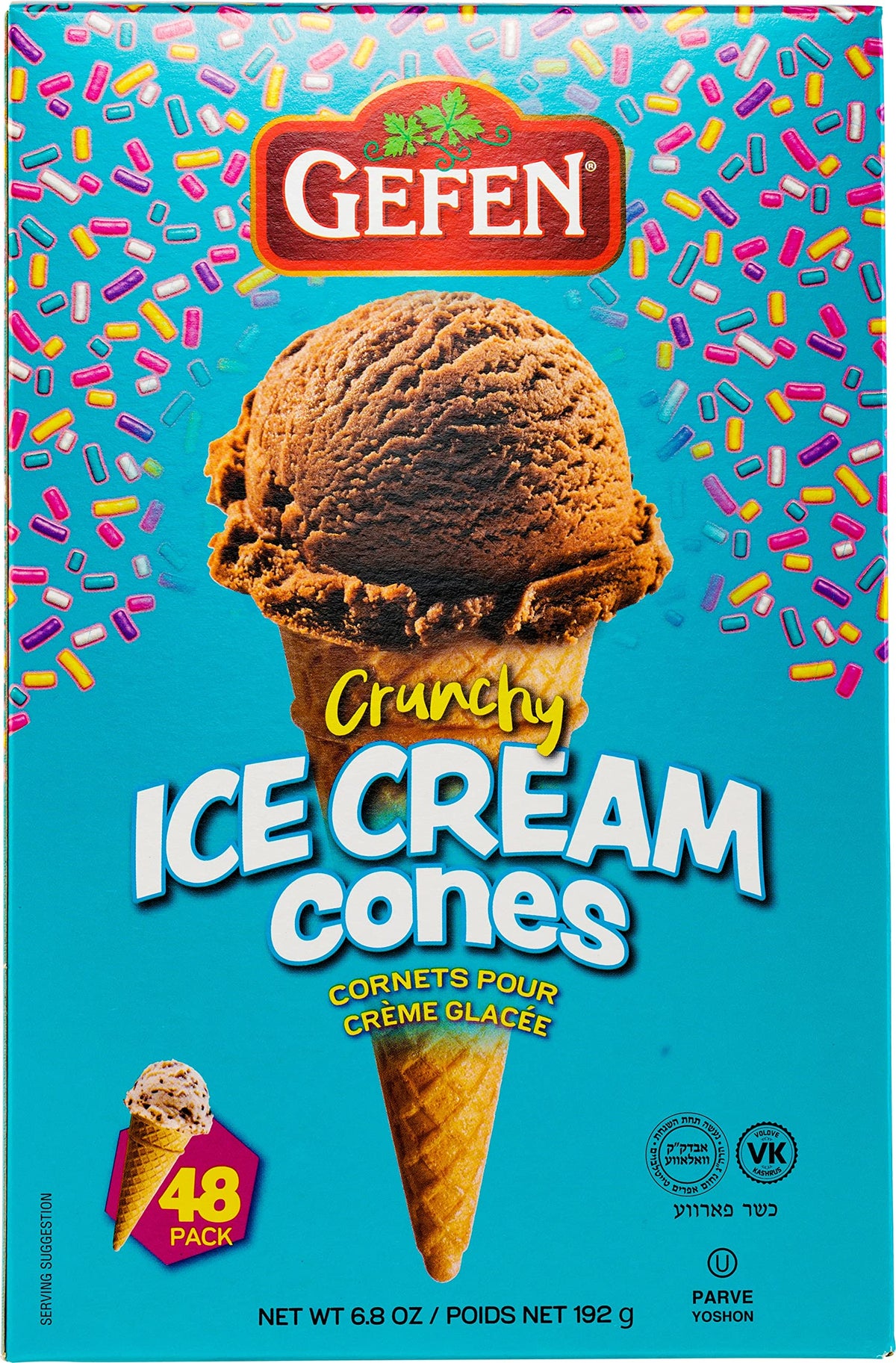Gefen ice cream cones 48-count box for easy crowd serving.