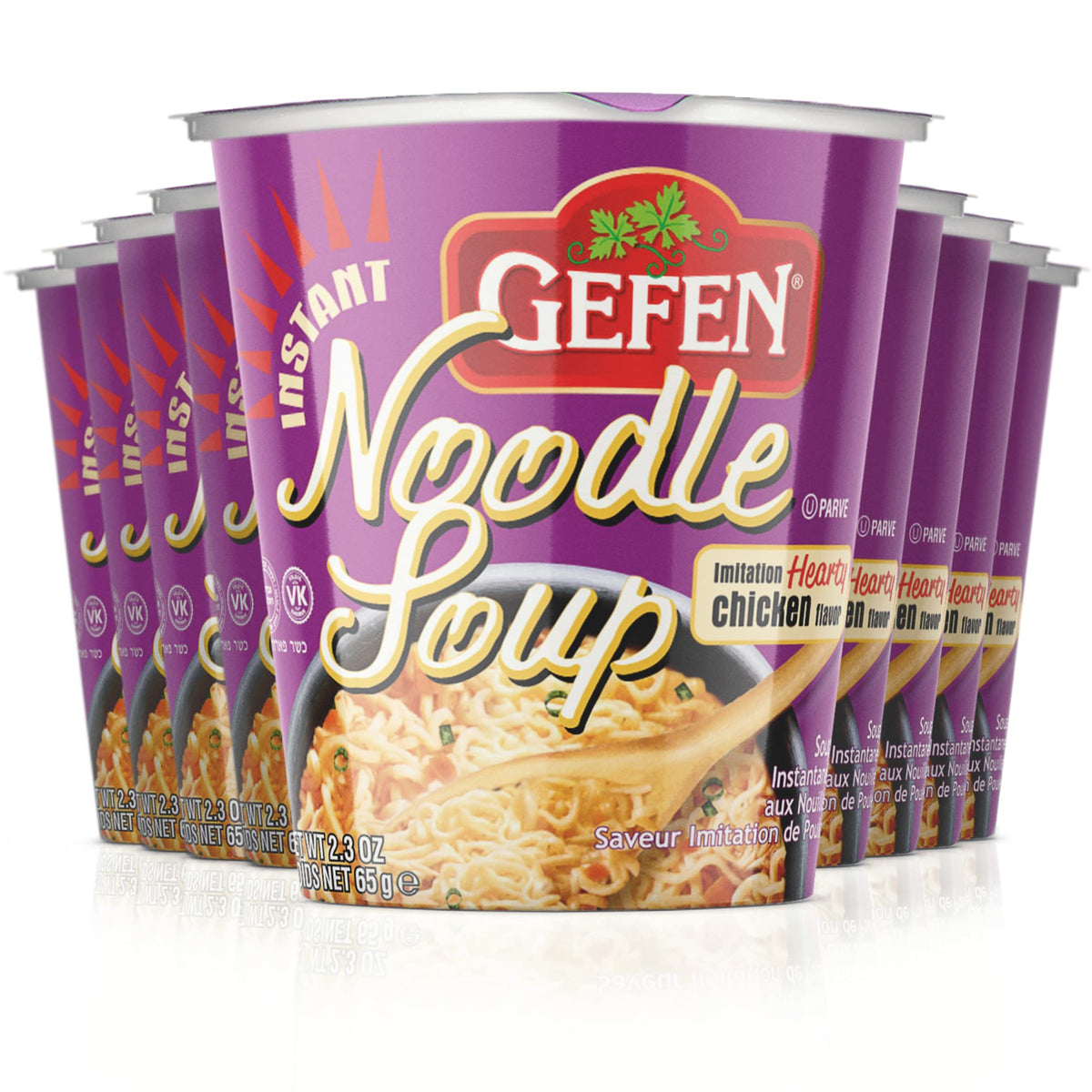 Gefen Instant Noodle Soup Cup close-up of hearty chicken flavor for quick meals