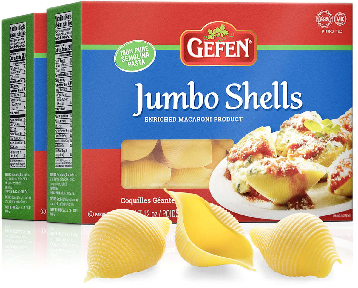 Gefen jumbo pasta shells 2-pack box front, premium durum semolina quality.