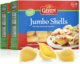 Gefen jumbo pasta shells 2-pack box front, premium durum semolina quality.