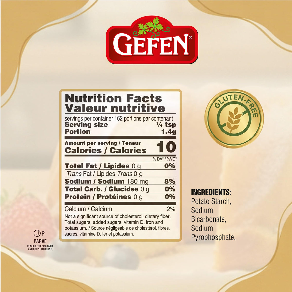 Kosher certification mark on Gefen baking powder packaging.