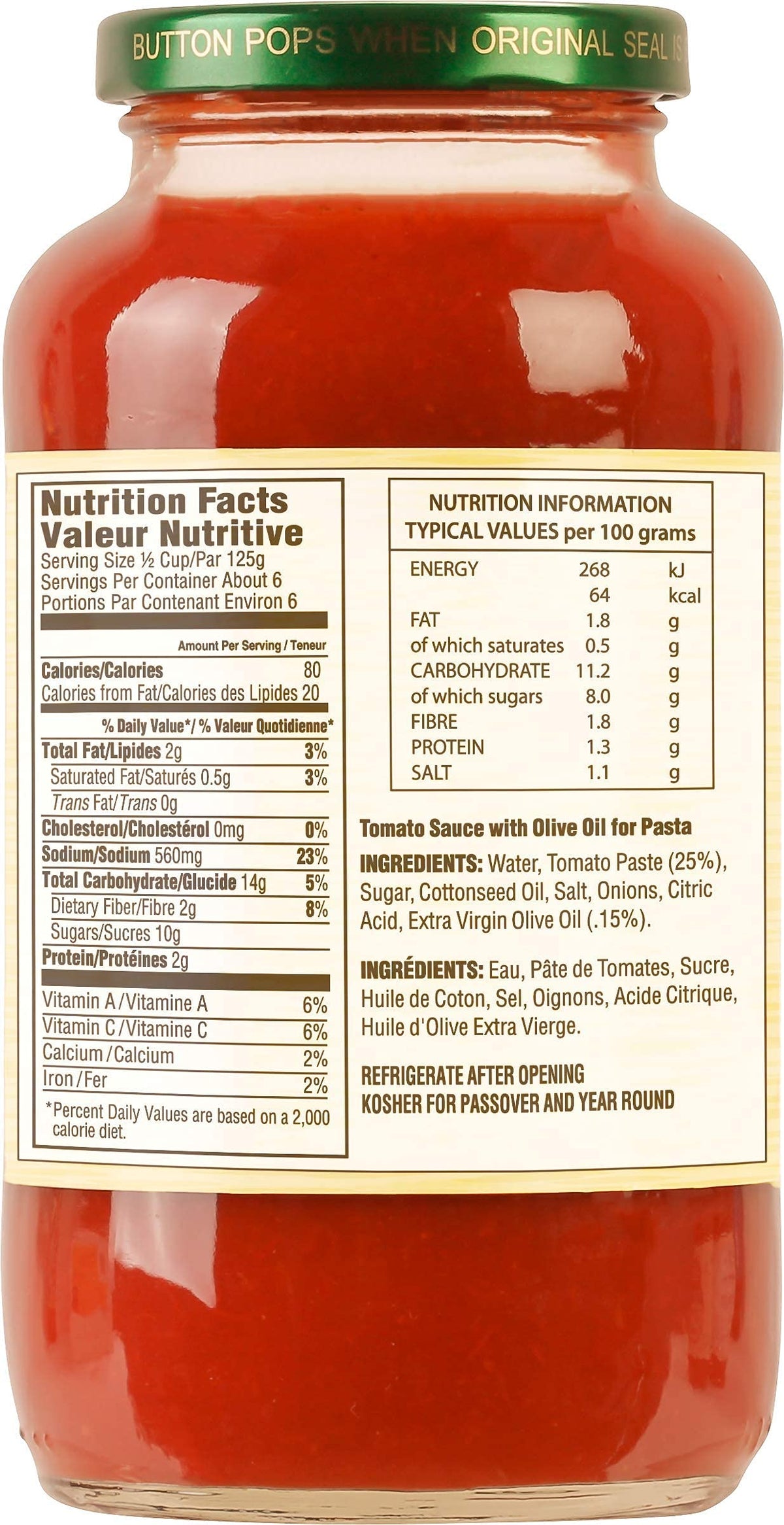 Gefen marinara olive oil ingredient highlight rich flavor base.