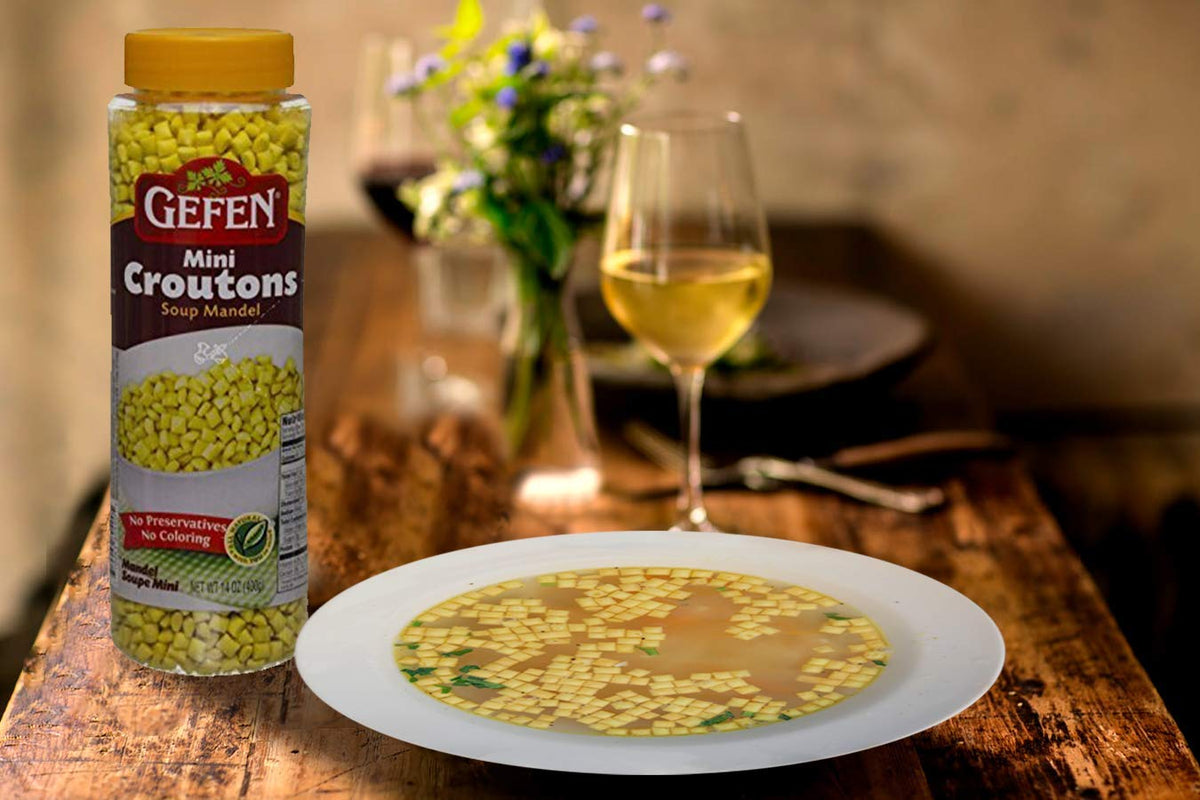 Gefen Mandel croutons in resealable jar ready for snacking