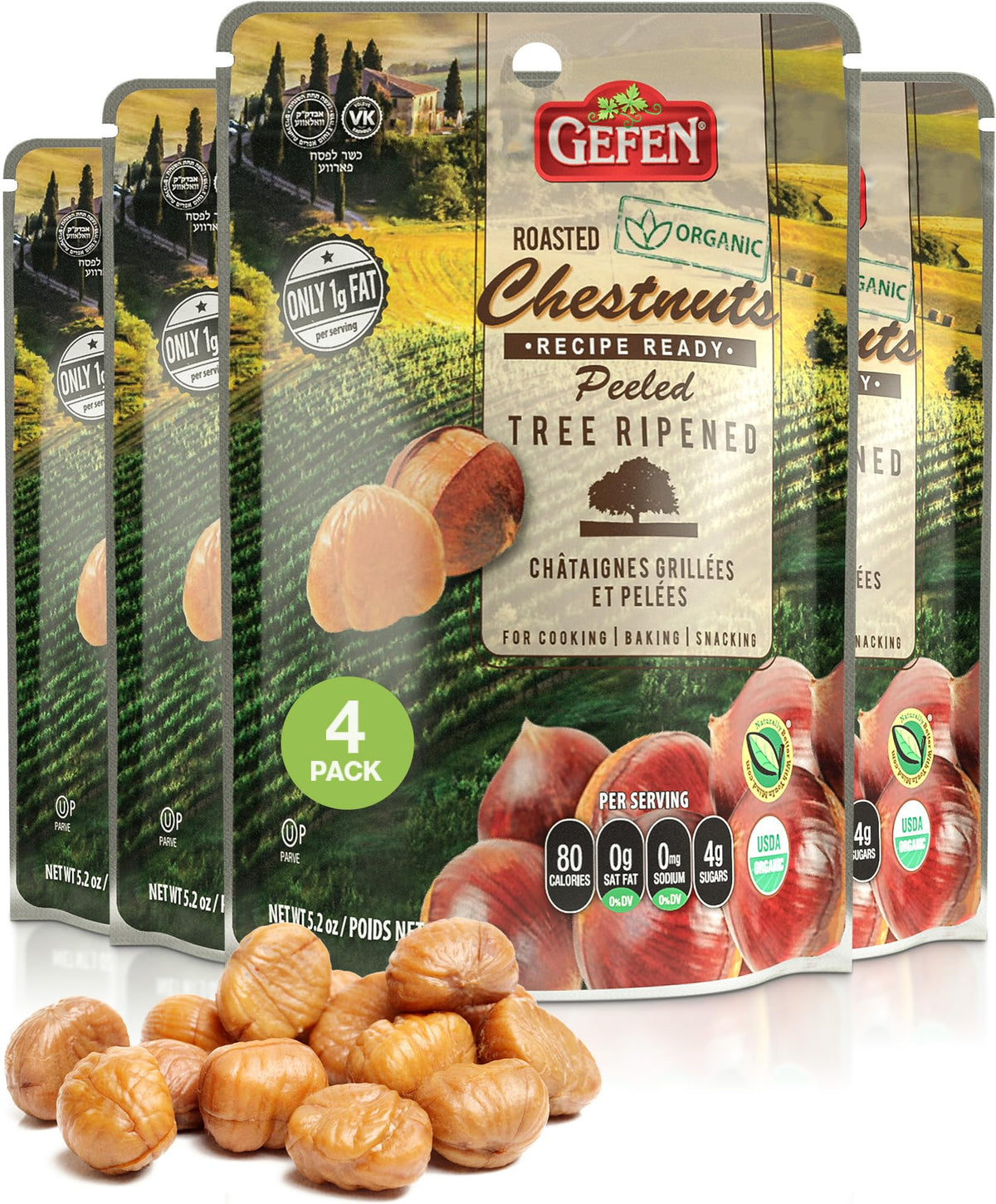 Gefen Organic Chestnuts – peeled and roasted, ready to eat as a snack.