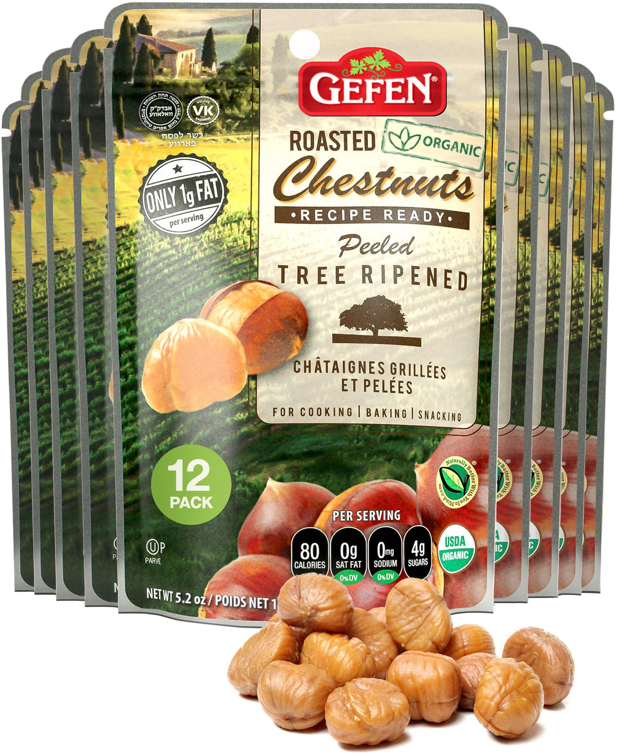 Gefen organic roasted chestnuts in a bag, ready to eat as a snack