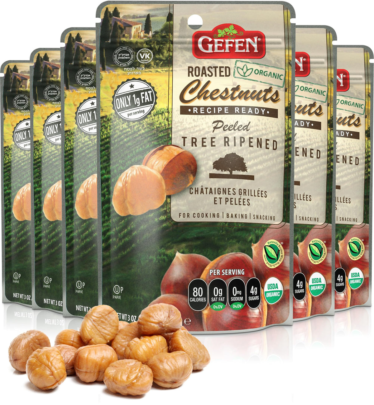 Gefen Organic Chestnuts in a bag, whole, peeled, roasted, ready to eat