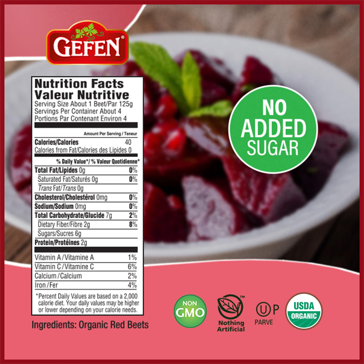 Gefen Organic Red Beets in a 3-pack for pantry convenience.
