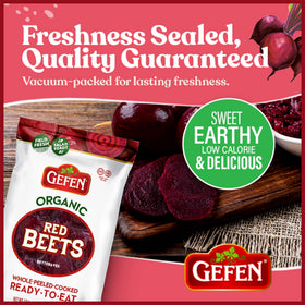 Gefen Organic Red Beets vacuum-packed to preserve freshness and color.