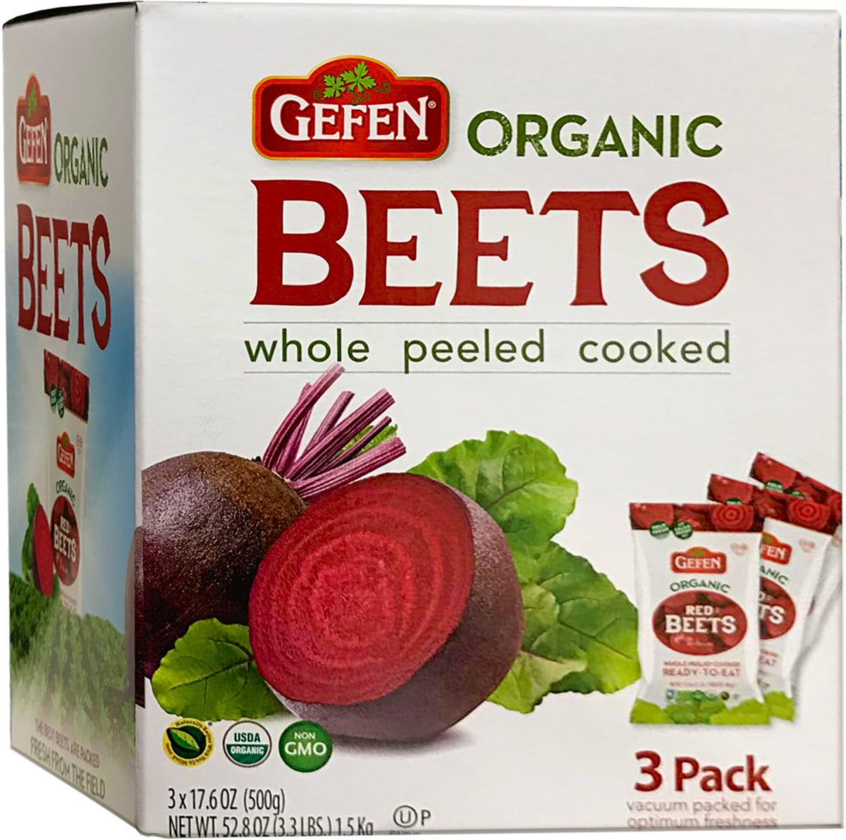 Gefen Organic Red Beets, whole peeled and cooked, ready to eat.