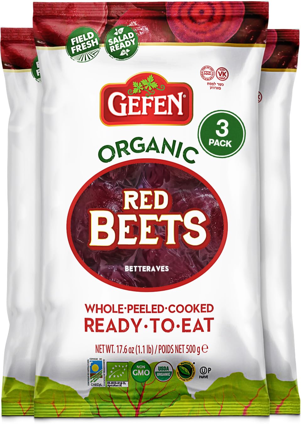 Gefen Organic Red Beets, whole and peeled, ready to eat for quick salads.