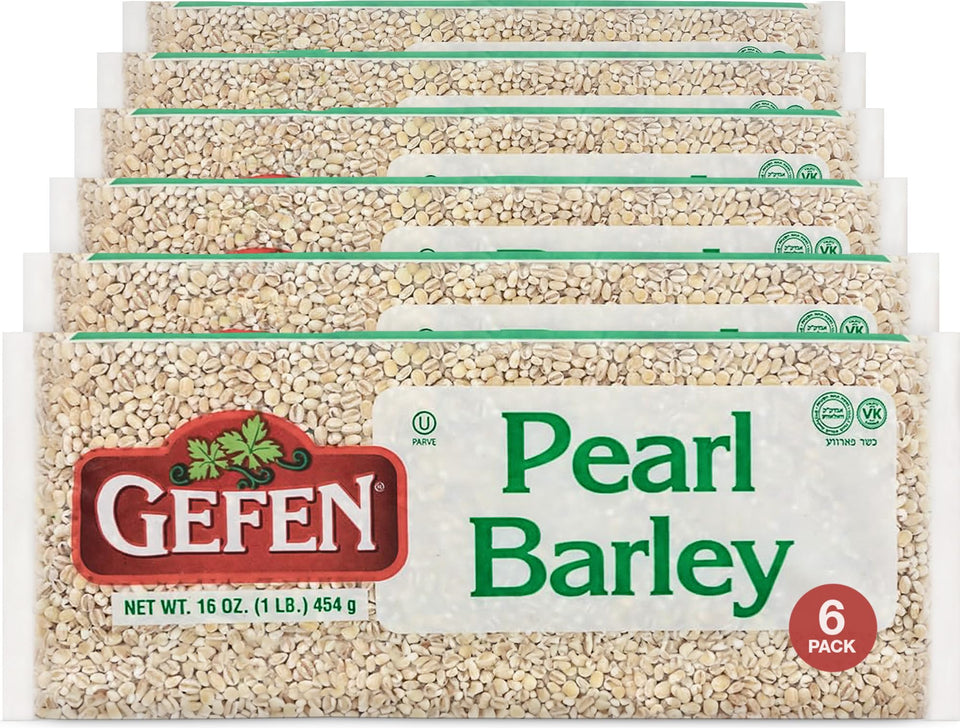 Gefen pearled barley bag on shelf, convenient pantry packaging for easy cooking