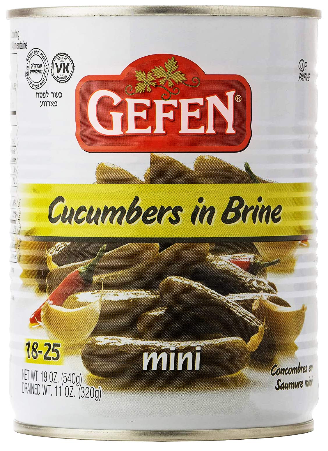 Gefen pickled cucumber slices in brine, ideal on sandwiches.