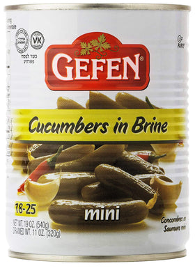 Gefen pickled cucumber slices in brine, ideal on sandwiches.