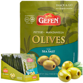 Gefen Sea Salt olives snack pack in 1oz pouch, perfect for on-the-go snacking.