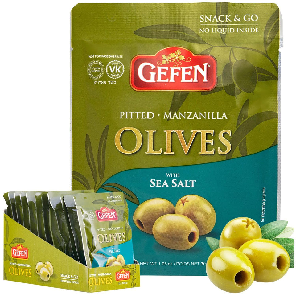 Gefen Sea Salt olives snack pack in 1oz pouch, perfect for on-the-go snacking.