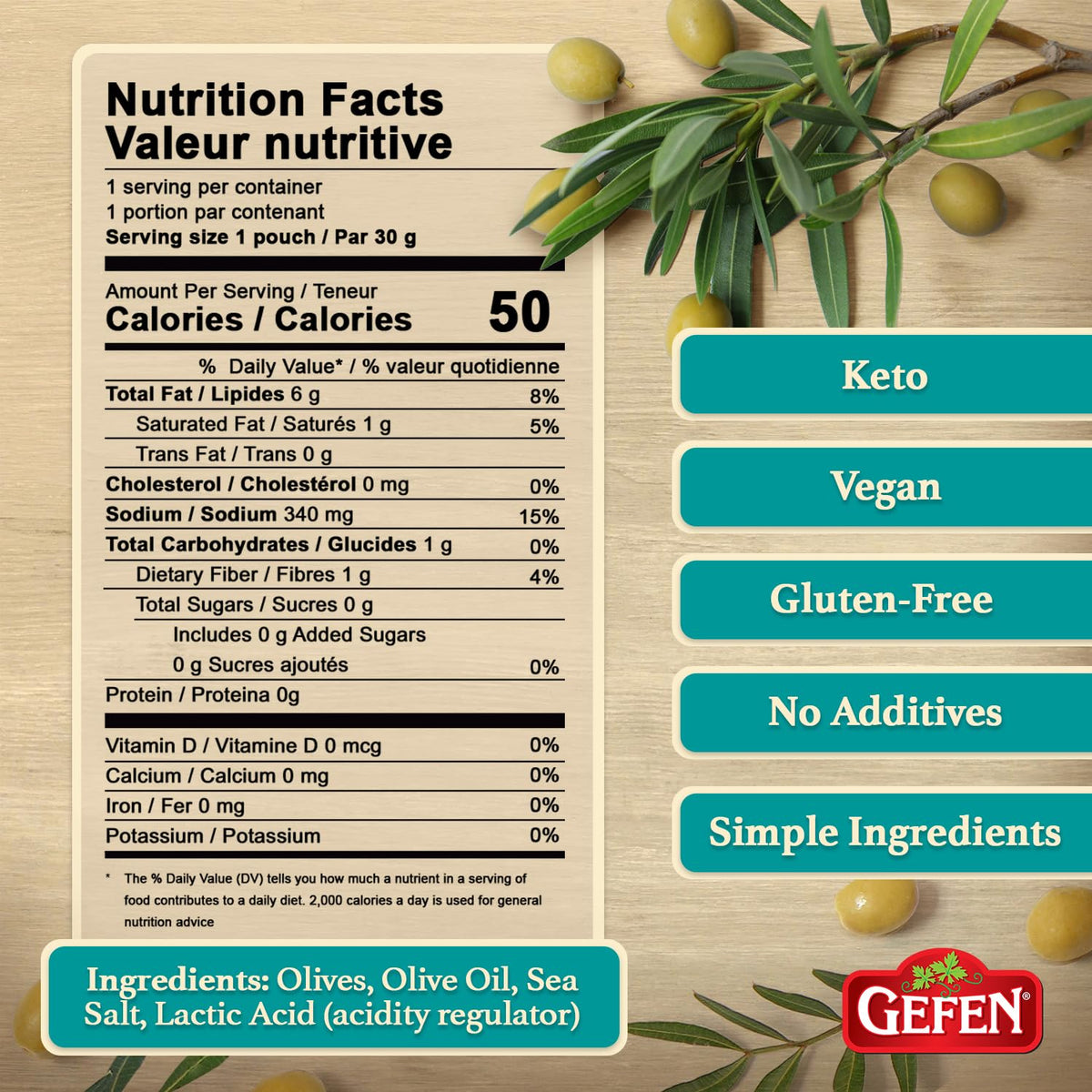 Close-up of Gefen Sea Salt olives in pouch, olive oil glaze adds flavor.