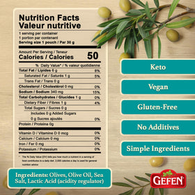 Close-up of Gefen Sea Salt olives in pouch, olive oil glaze adds flavor.